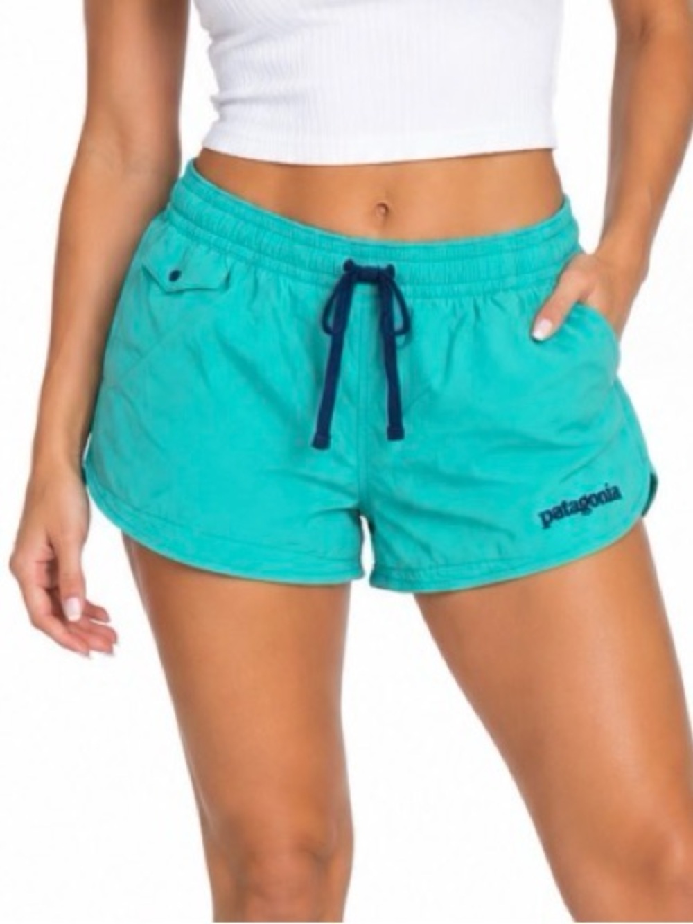 Patagonia Women's Teal Athletic Shorts with Navy Drawcord running active SZ 12